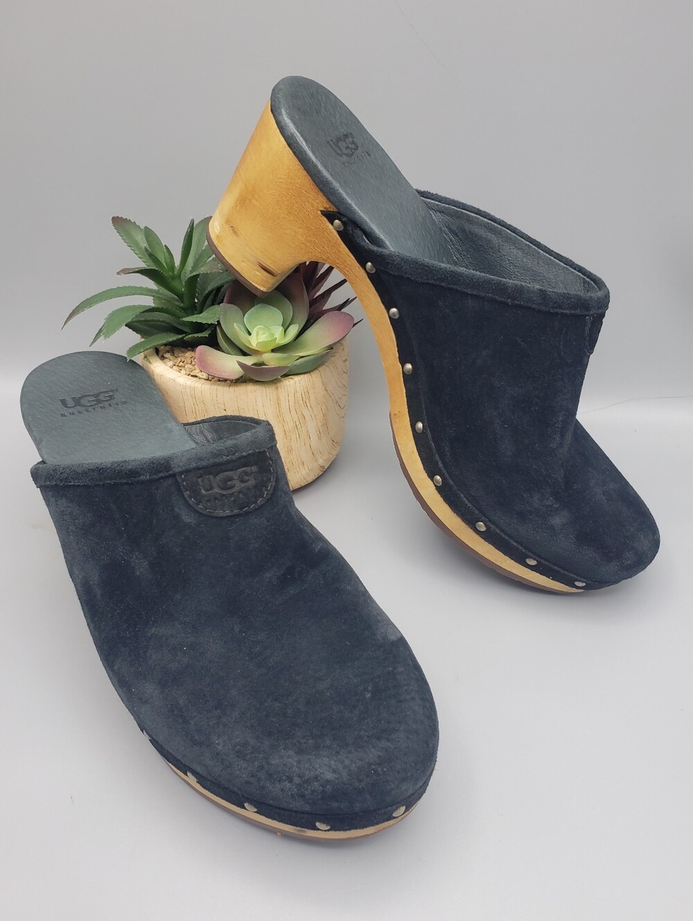 UGG Black Suede w/Wooden Platform & Heel Clog Mules Revival 8